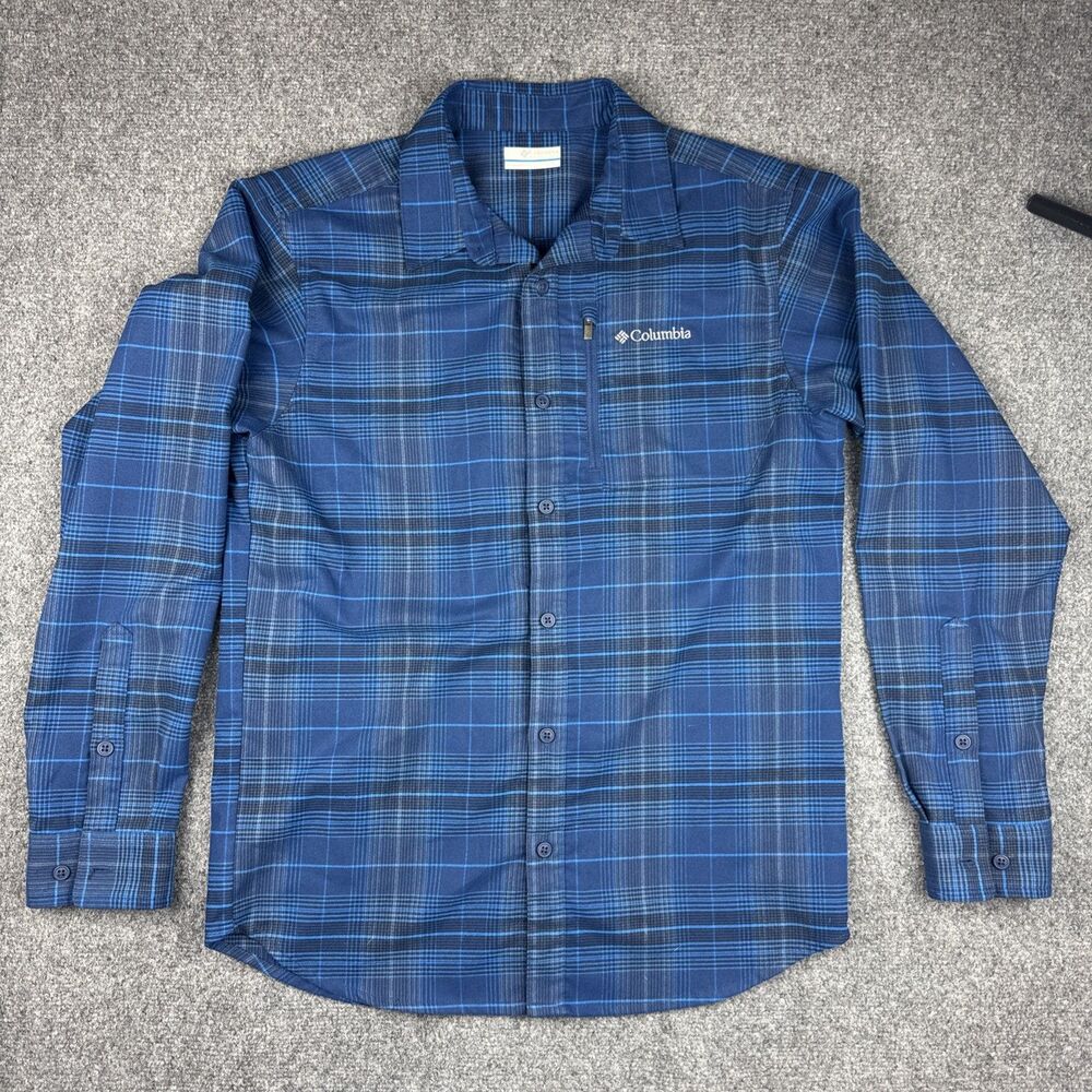 Columbia Flannel Button Shirt Mens Small Cotton Blend Long Sleeve Blue Plaid